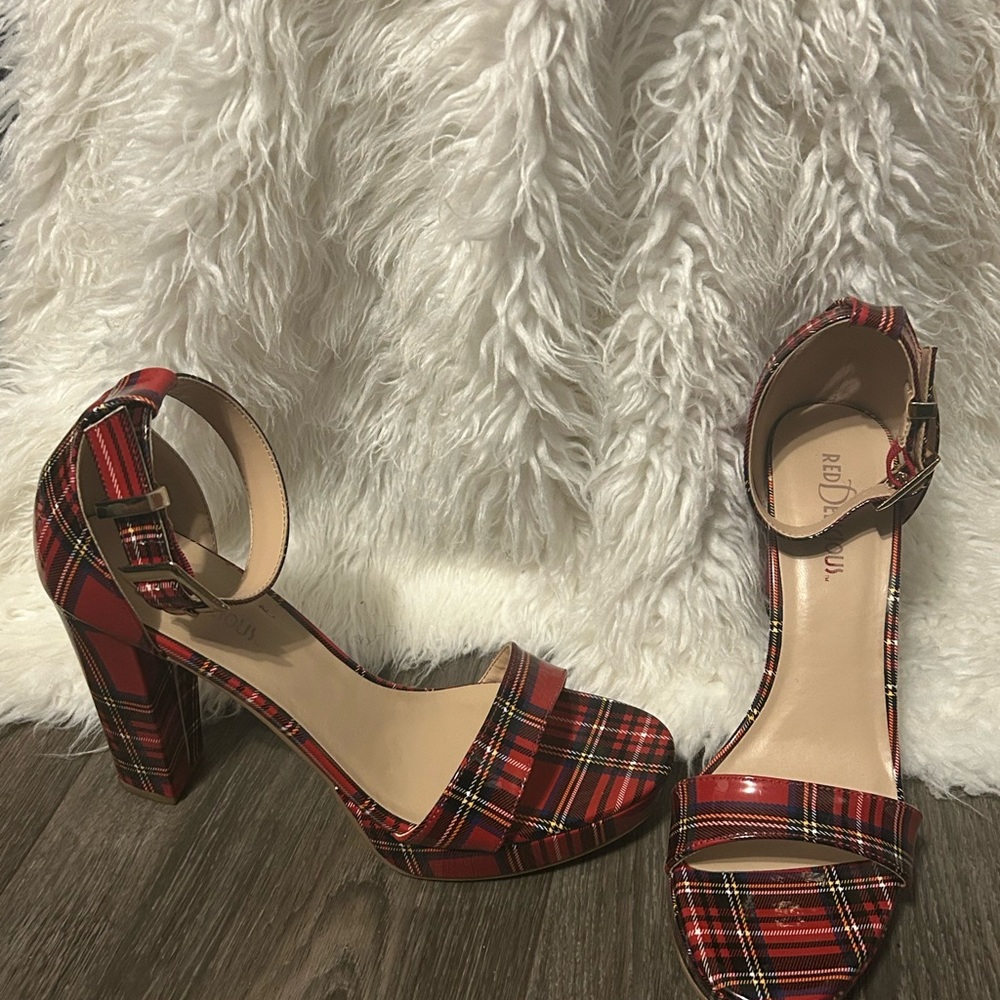 Red Plaid Ankle Strap Heels